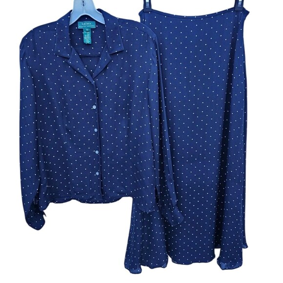 Lauren Ralph Lauren 100% Silk Set Skirt Blouse Top Outfit Navy Polka Dot Size 6 - Picture 1 of 16